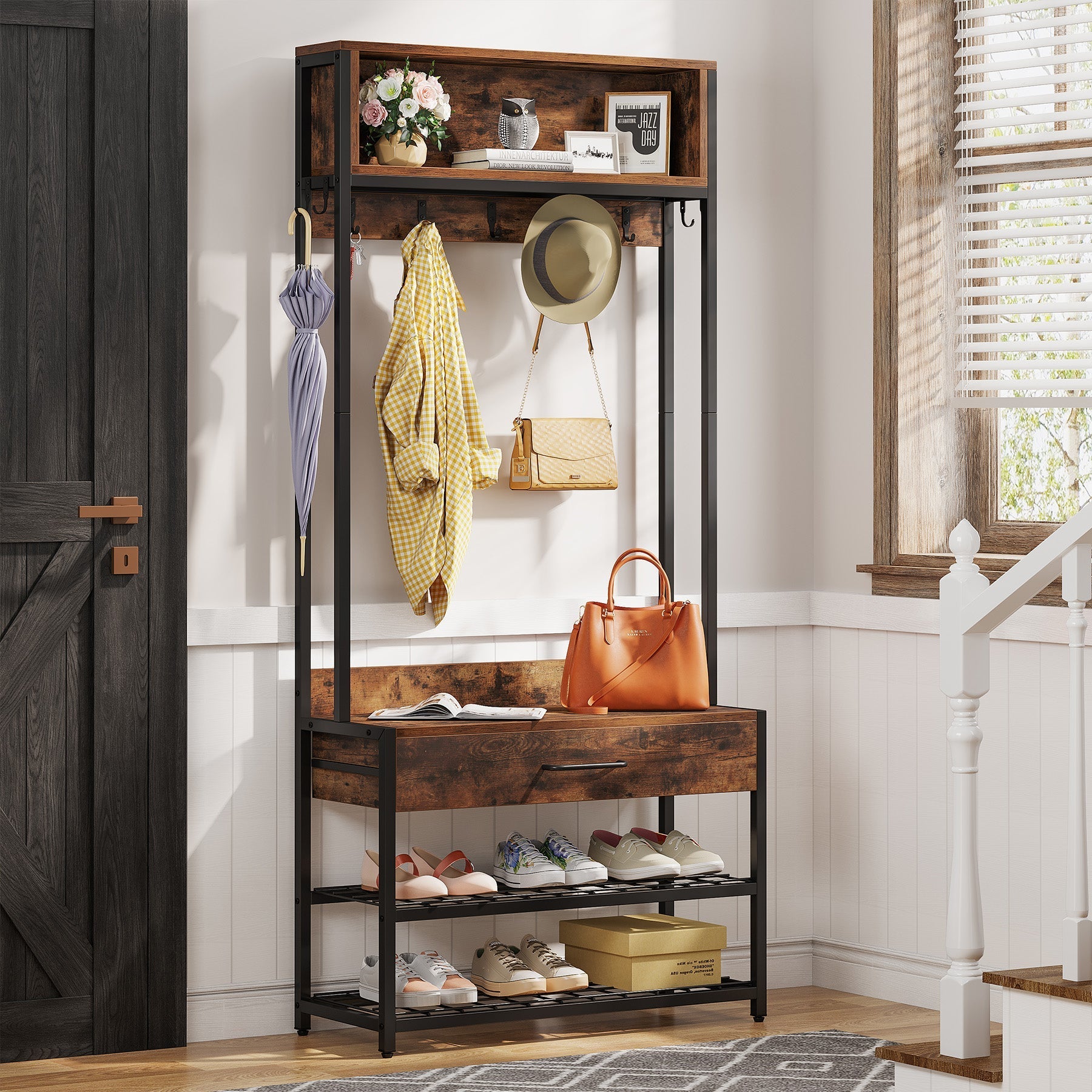Industrial Coat Rack Shoe Bench, Entryway Hall Tree with Drawer & Hooks Tribesigns